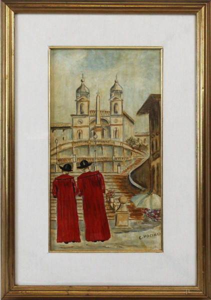 Coppia di cardinali a Trinità dei Monti, olio su tela riportata su tavola, cm 35x20, firmato, entro cornice.
