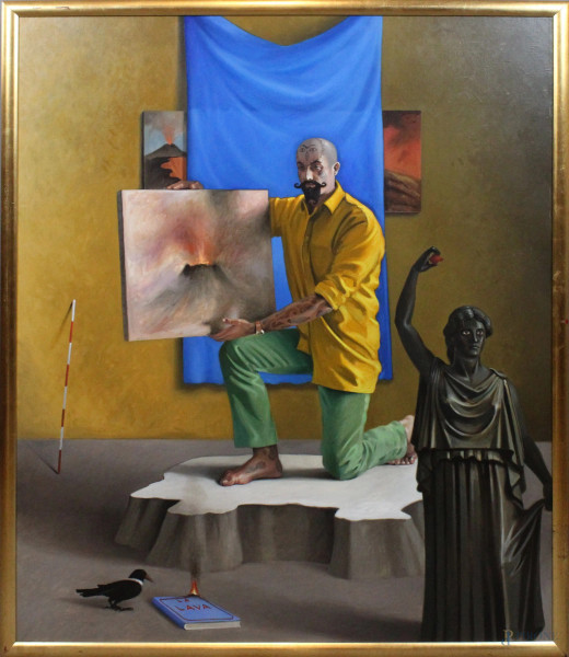 Massimo Livadiotti - Il piromane, olio su tela, cm. 120x100, datato 1998, entro cornice