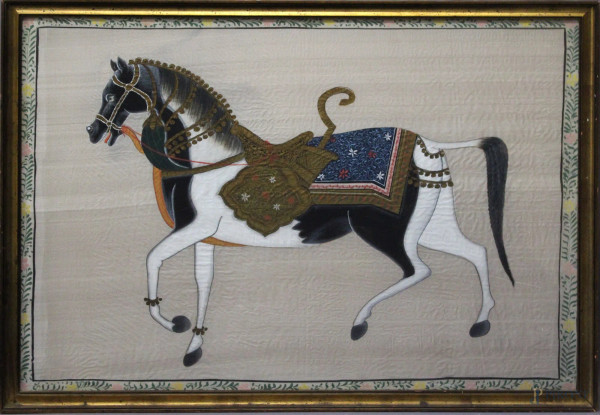 Cavallo persiano, dipinto su seta, cm 72 x 104, inizi XX secolo, entro cornice.