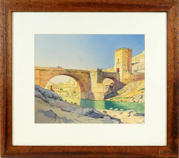 B. Werenehko - Ponte di Alcntara a Toledo, acquarello su carta, cm 27,5x34, entro cornice.