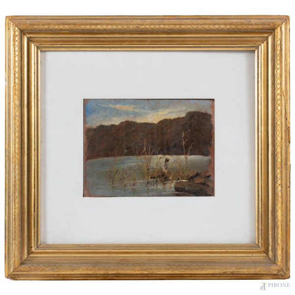 Fanciulla al fiume, XIX-XX secolo, olio su tavoletta,  cm 17x22,5, firmato in basso a sinistra, entro cornice