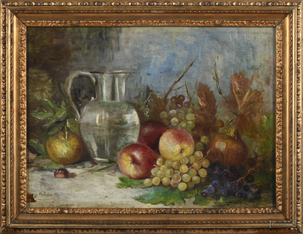 Natura morta, XX secolo, olio su compensato, cm 49x66, firmato in basso a sinistra, entro cornice, (segni di usura, supporto imbarcato)