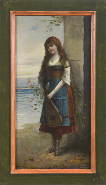 Popolana con violino, XIX-XX secolo, olio su tela, cm 53x26,5, entro cornice, (lievi segni di usura)