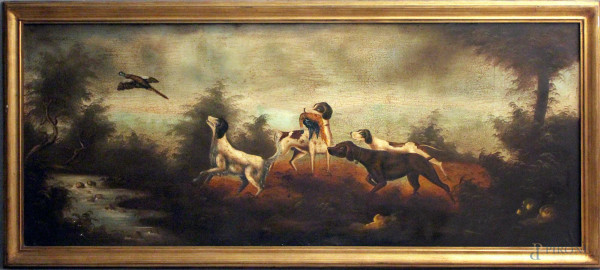 Paesaggio con cani e volatili, olio su tela, cm 198x78, firmato, entro cornice.