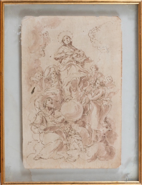 Disegno a tecnica mista su carta raffigurante l'Assunzione, XIX secolo, cm 34x22, entro cornice, (segni di usura, foxing, tracce di umidità, lacerazioni)