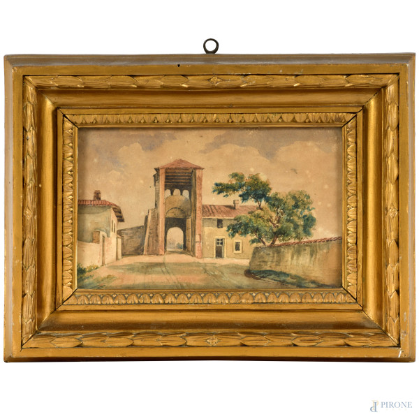 Arco di Dolabella, XIX secolo, acquerello su carta cm 12x18,5, entro cornice, (difetti)