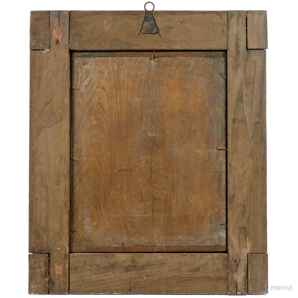 Pittore del XIX secolo, L'angelo custode, dipinto su vetro, cm 40x34, entro cornice