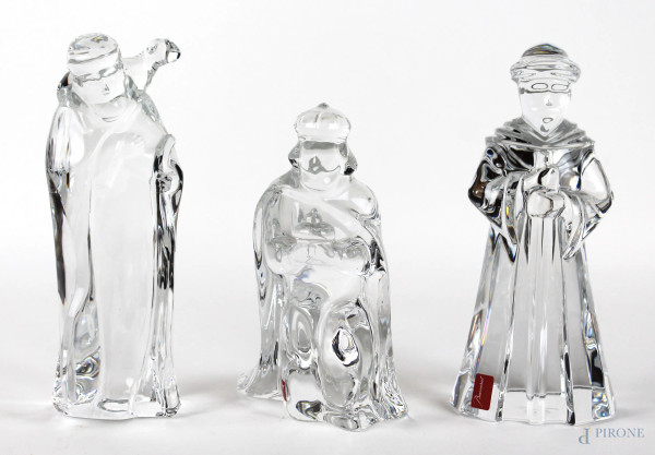 Lotto di tre figure da presepe in cristallo Baccarat, altezza max cm. 18,5