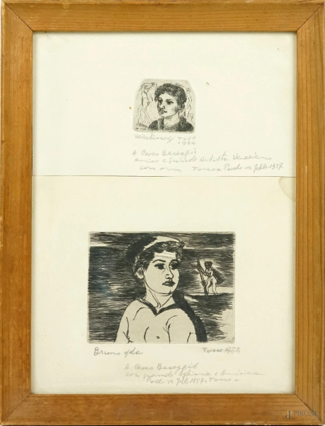 Tono Zancanaro - Due incisioni raffiguranti volti di donne, misure max cm 20,5x24,5,  firmate e datate 1954 con dedica, entro un'unica cornice, (macchie).