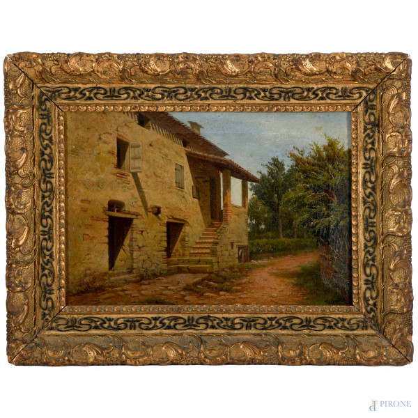 Esterno di casolare, XX secolo, olio su tela, cm 35x51, firmato in basso a destra, entro cornice