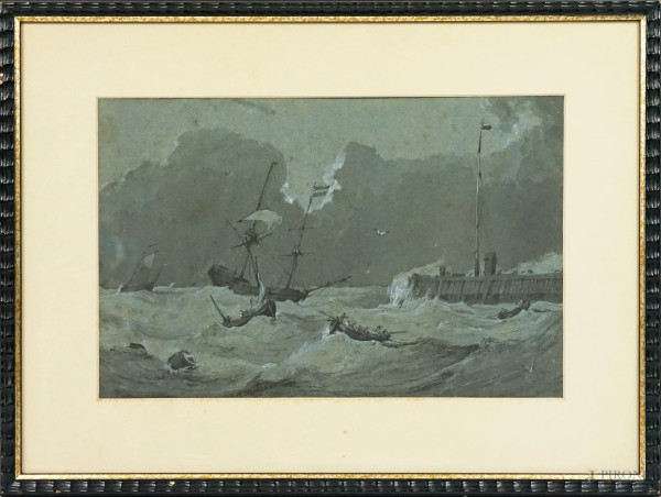 Velieri in tempesta, tecnica mista su carta, cm 33x48, firmato L. Francia 1822, entro cornice.