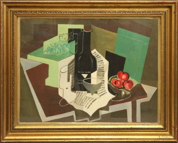 Natura morta, composizione cubista, olio su cartone, 50x60 cm, entro cornice firmato Biancatelli