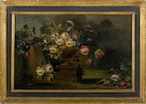Vaso di fiori con rose, olio su tela, XX secolo, cm 44x78, entro cornice