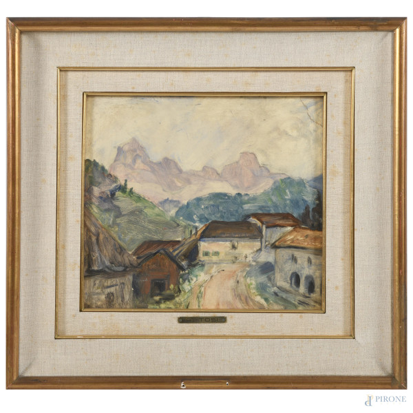 Paesaggio alpino con case, XX secolo, olio su cartone, cm 28x31, entro cornice, (cartone imbarcato, rotture)