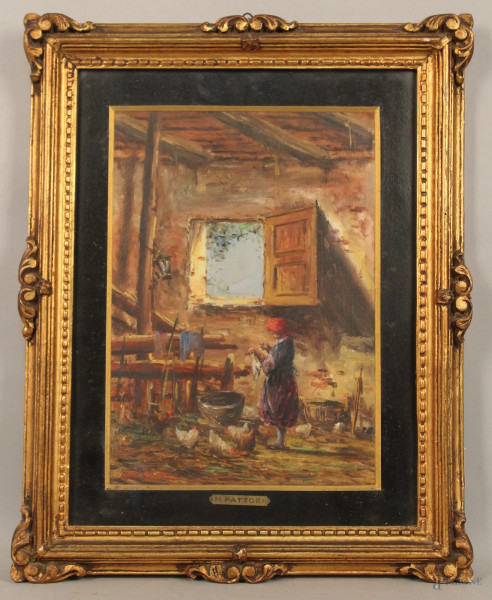 Mario Fattori - Interno con figura, olio su cartone telato, cm. 34x24, entro cornice.
