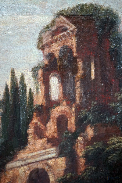 Pittore del XVIII secolo, Paesaggio con rovine architettoniche e figure, olio su tela, cm 48,5x33...