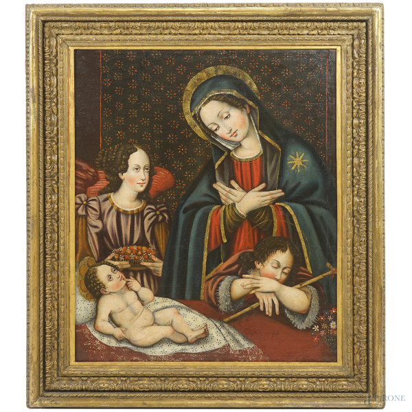 Madonna con Bambino angelo e San Giovannino, sec. XIX, olio su tela, cm 81x70, entro cornice