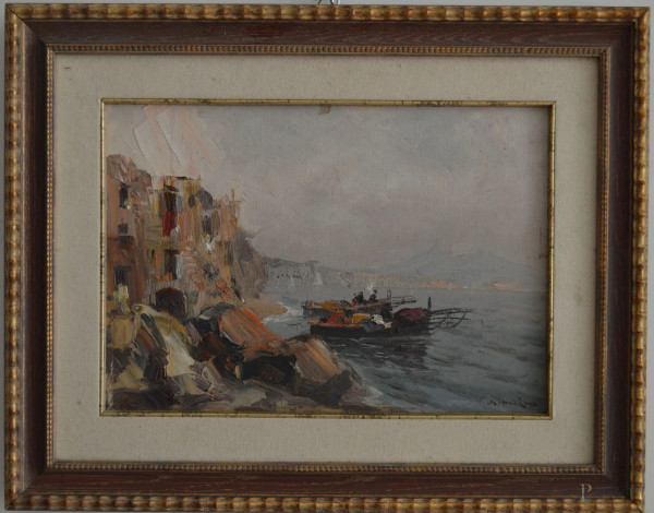 Scorcio di costa con barche e pescatori, olio su tavola 24x35 cm, entro cornice firmato.