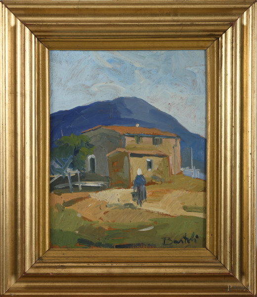 Contadina, XX secolo, olio su compensato, cm 26,5x21, firmato in basso a destra, entro cornice, (lievi segni di usura)