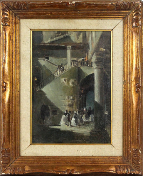 Interno di castello, olio su tela, cm 35,5x25,5, firmato E.Gordigiani, entro cornice