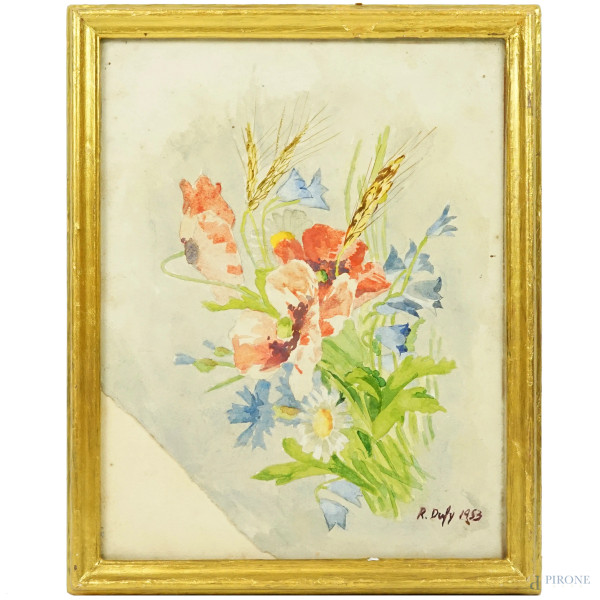 Composizione di fiori e spighe, acquerello su carta, cm 31 x 24,5, firmato e datato, entro cornice