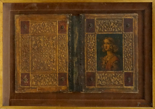Sovraccoperta di gusto rinascimentale in legno dorato con rilegatura in pelle, cm 40x64, XX secolo, (difetti).