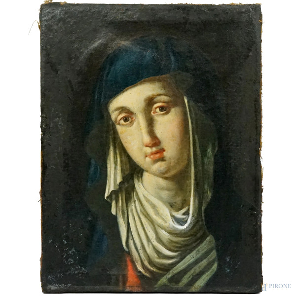 Pittore del XVIII secolo, Vergine Maria,  olio su tela, cm 39x30, (difetti sulla tela, restauri).