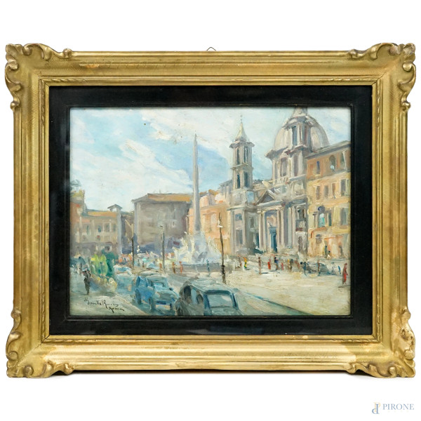 Piazza Navona, olio su faesite, cm 30x40, firmato, entro cornice.