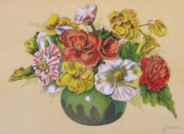 Coppie vecchie tavole di botanica raffiguranti vasi con fiori acquarellate a mano.