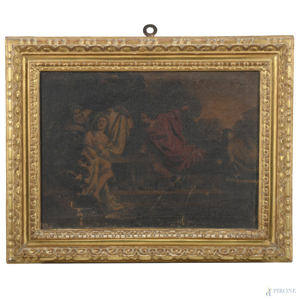 La casta Susanna, XVIII secolo, olio su tela, cm 38x52, entro cornice, (segni di usura, lacerazioni della tela, cadute e sollevamenti di colore)