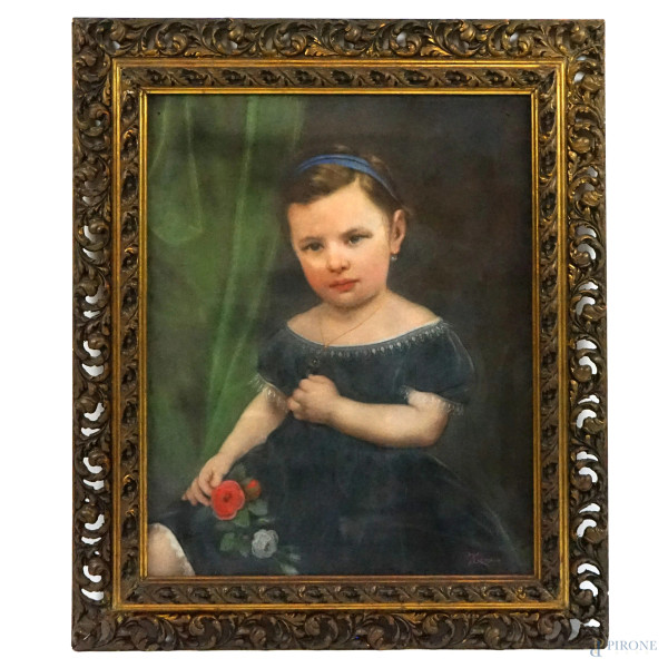 Ritratto di bambina, pastello su carta, cm 60x50, firmato, entro cornice.