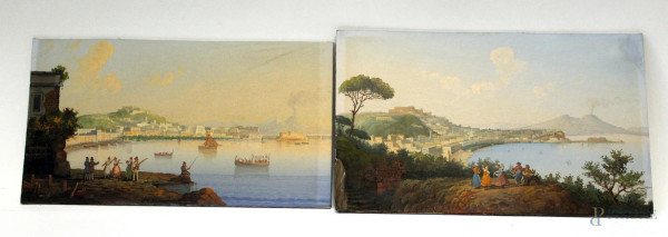 Coppia vedute di Napoli, acquarelli su cartoncino, 13,5x25 cm