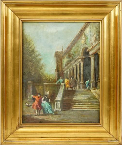 Imitatore di Francesco Guardi (Venezia, 1712 – 1793), Dame e gentiluomini all'ingresso di una villa, olio su cartoncino, cm 40x31, entro cornice