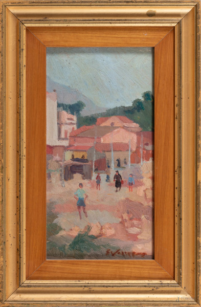 Giovanni Sircana (1909-1984), Scorcio con casa e figure, olio su tavoletta, cm 23x12,5, firmato in basso a destra, dedicato e datato 