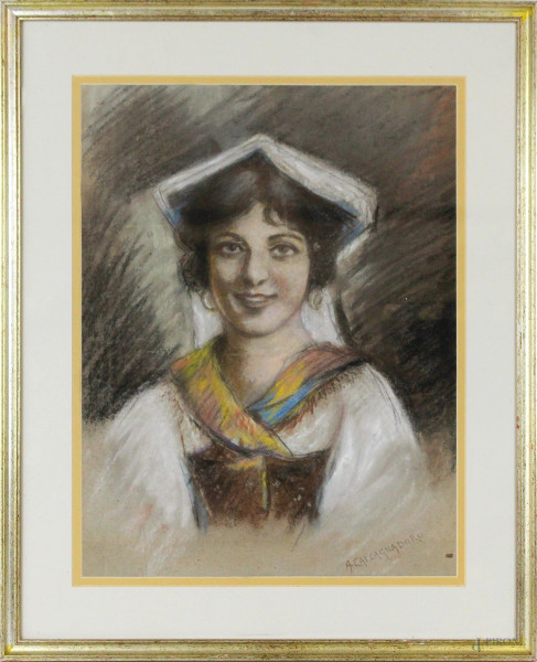 Ritratto di ciociara, pastello su carta, cm 41x31,5, firmato, entro cornice