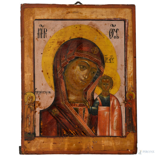 Icona raffigurante Madonna con Bambino, XIX secolo, cm 327x20 (scalfiture, cadute di colore)