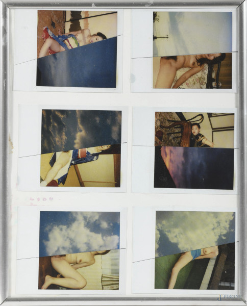 Sei polaroid a tema erotico entro unica cornice, XX secolo, misure complessive cm 28,5x22,5