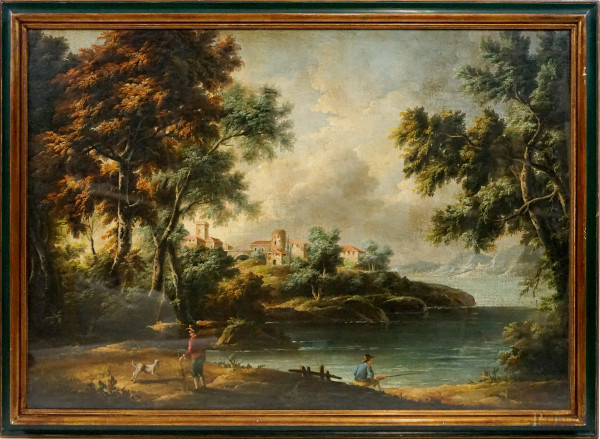 Paesaggio lacustre con figure, olio su tela, cm 70x100, XIX secolo, entro cornice.