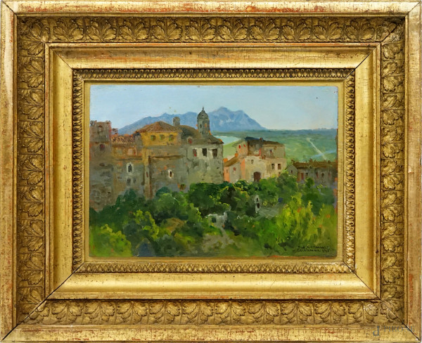 Bruno Ximenes - Veduta di Terracina, olio su tavola, cm 17,5x25,5, datato 1915, in cornice.