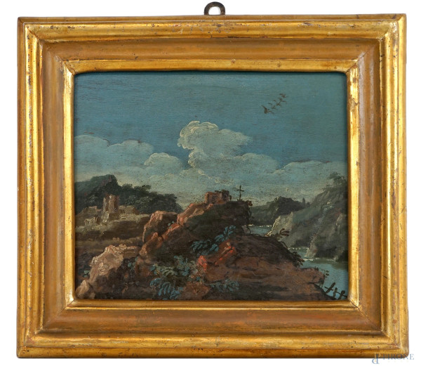 Paesaggio roccioso, olio su tavola, cm 18,5x23, XIX-XXsecolo, entro cornice.