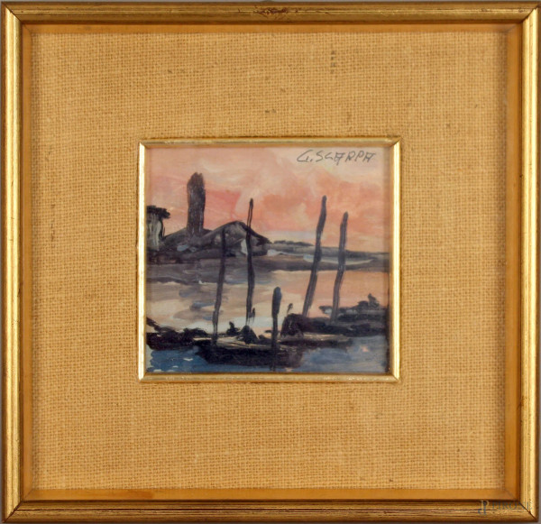 Barche in riposo in laguna, olio su tavola, cm. 12,5x14,5, firmato G. Scrpa, entro cornice.
