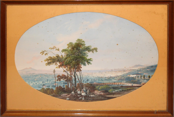 Golfo di Napoli con pastorelli, gouache ad assetto ovale su carta, cm 50 x 72, entro cornice.