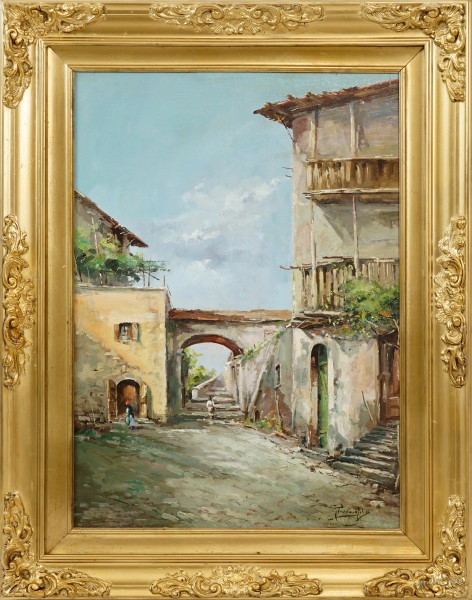 Scorcio di paese con figure, olio su tela riportata su cartone, firmato, cm 70x50, entro cornice