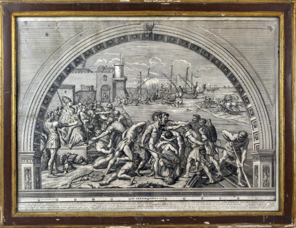 Battaglia di Ostia, incisione da Raffaello Sanzio, tipografia Typis Dominici de Rossi, cm 50x68, entro cornice, (difetti).