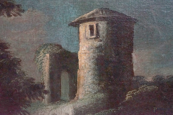 Pittore veneto del XVIII secolo, coppia di paesaggi fluviali con rovine e figure, cm 58x74, entro...