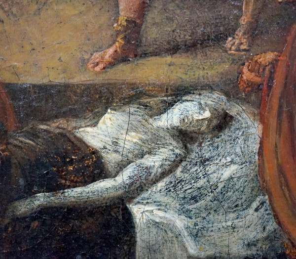 La morte di Camilla, XIX secolo, olio su tela, cm 30x45, entro cornice, (difetti)