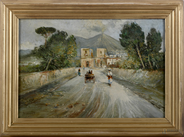 Strada con carrozza  e vulcano in eruzione sullo sfondo, olio su compensato, firmato in basso a sinistra, cm 50,5x33,5, entro cornice, (difetti)