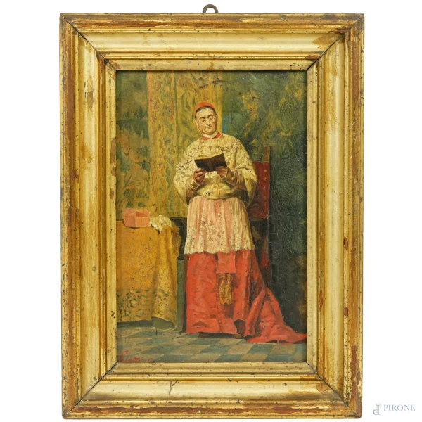 Ritratto di cardinale, olio su tavoletta, firmato in basso a sinistra Sciotti E., XIX secolo, cm 18,5x28,5, entro cornice