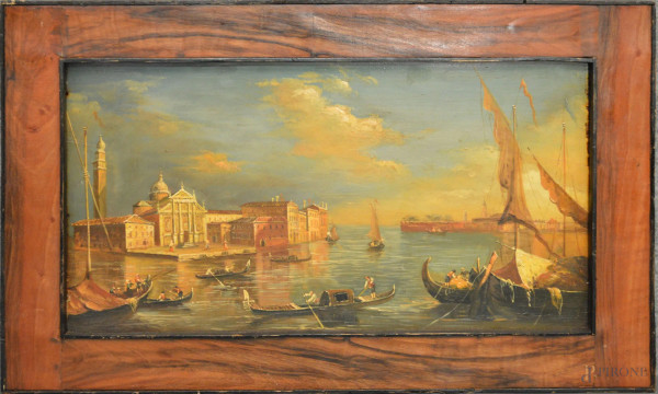Scorcio di Venezia con gondole e figure, olio su tavola 45x24 cm, entro cornice.