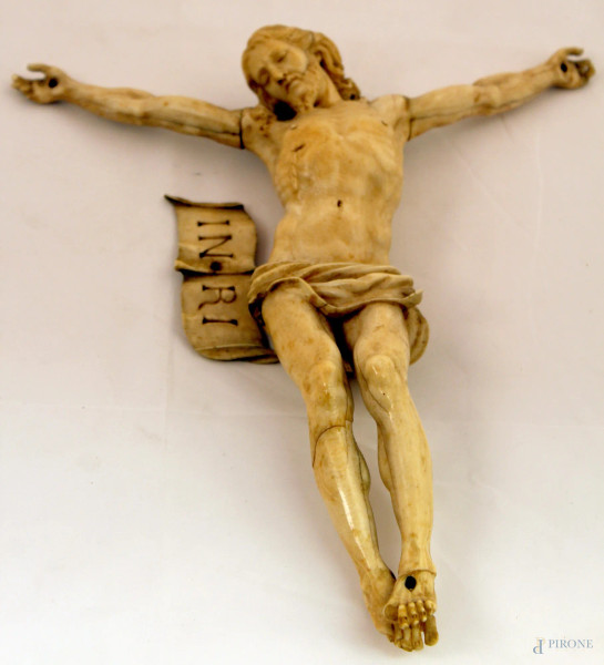 Cristo in avorio intagliato, h. 27 cm, Italia XVIII sec., (mancanze dite, piedi e mani) - (piccoli restauri nella parte centrale)